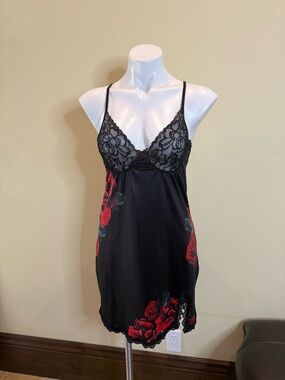 Black Floral Lace Slip Dress with Red Rose Print